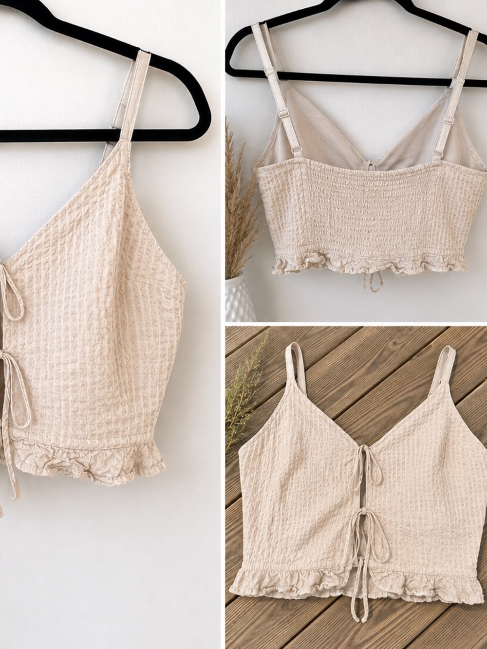 Aerie Aeropostale XL-2X Cream Smocked Tie-Front Ruffle Cami